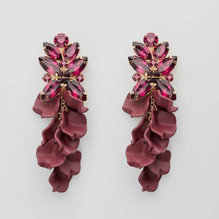 Leaf big stone earrings, Burgendy